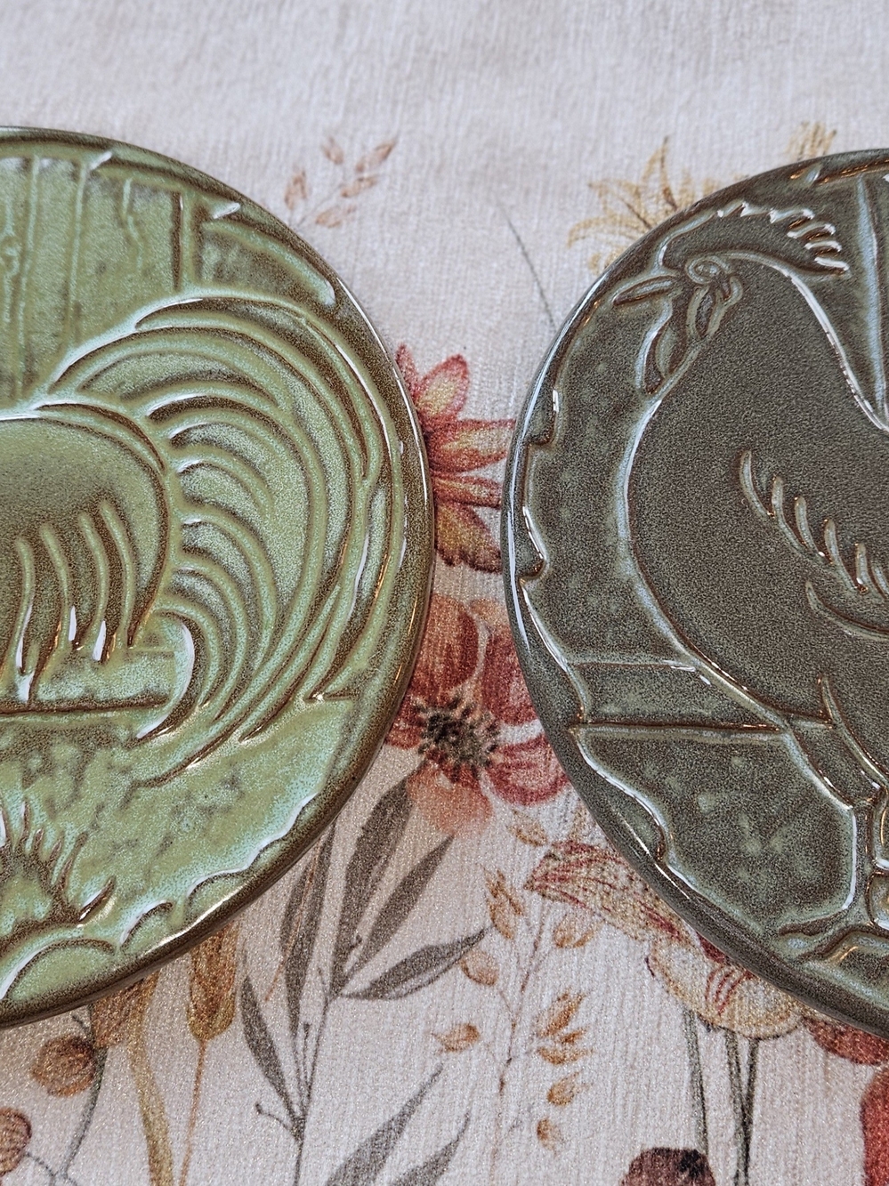 Set of 2 Vintage Frankoma Pottery Green Rooster Trivets